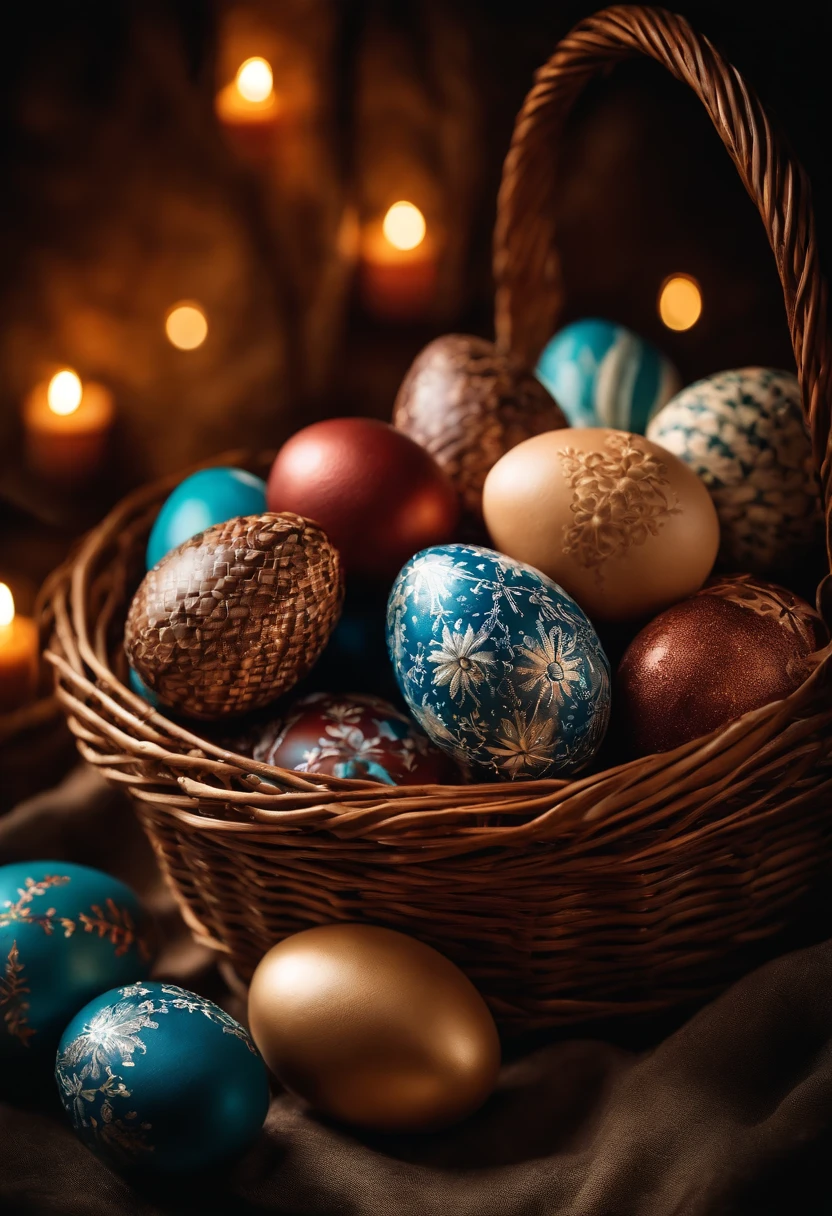 a creative shot of a wicker basket overflowing with decorated Easter eggs, with the hot wax patterns creating a visually captivating and textured background, evoking a sense of celebration and tradition