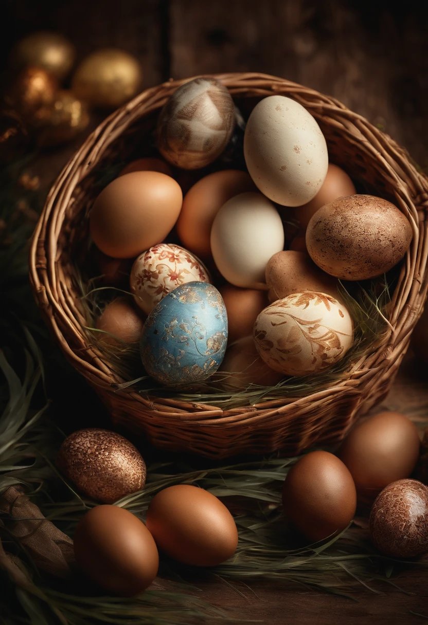 a creative shot of a wicker basket overflowing with decorated Easter eggs, with the hot wax patterns creating a visually captivating and textured background, evoking a sense of celebration and tradition