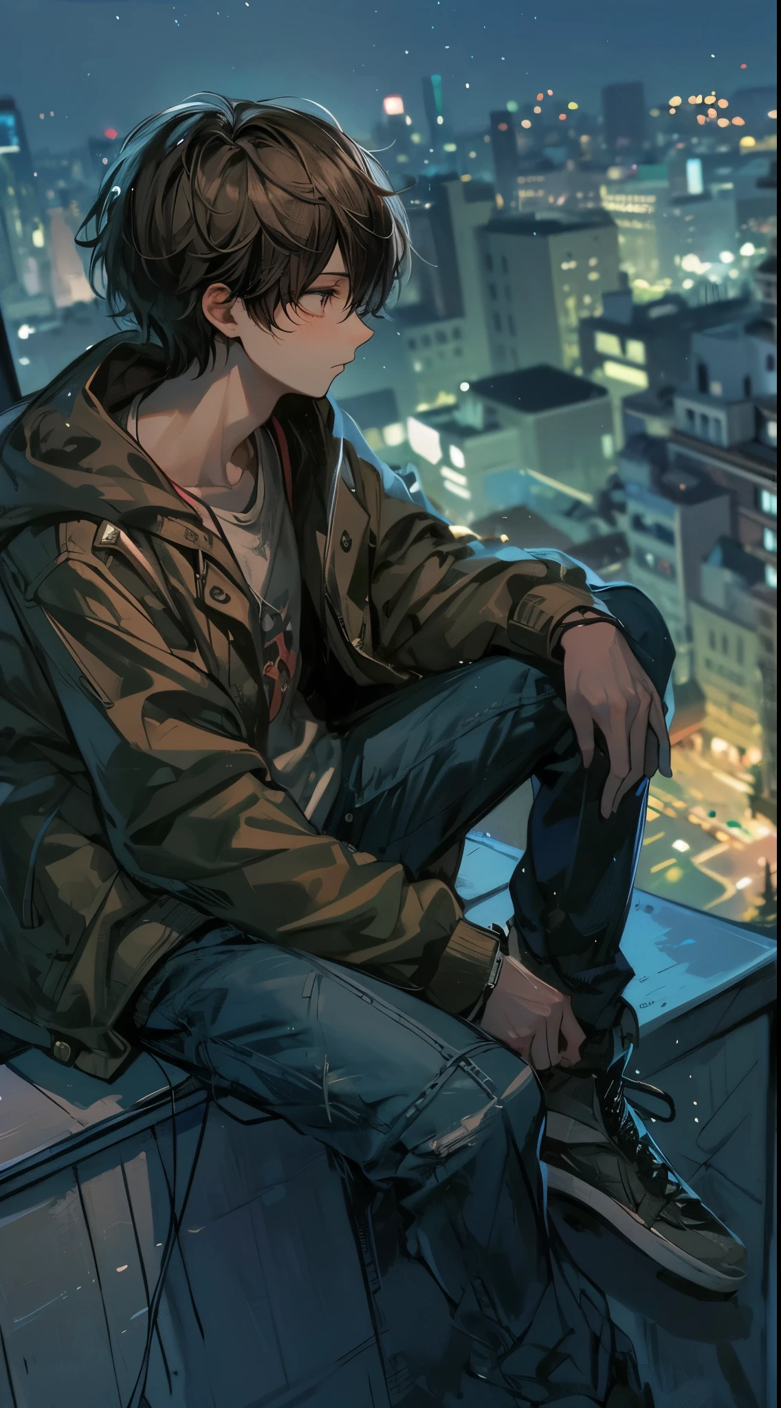 high quality, amount of drawing, pixiv illustration, A scene depicting a handsome young man gazing at the night sky from a city rooftop. He is seated on the edge of the rooftop under the starry sky, dressed casually in a jacket and denim pants. His expression is contemplative, looking off into the distance. Beside him, there’s a small notebook and pen, and he occasionally jots something down. The background showcases the city’s nightscape, with distant building lights twinkling. This scene captures a moment of solitude away from the urban bustle, portraying a young man lost in his thoughts and dreams under the night sky