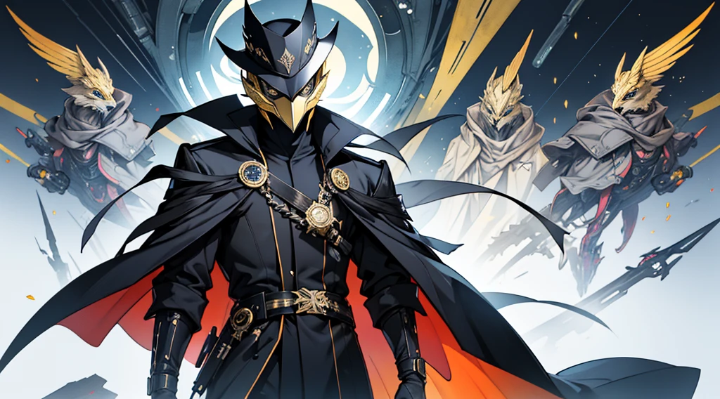 Man in futuristic style golden crow mask and hat and overcoat with futuristic style arcane costume and futuristic glove and holding a technological dagger and gray background with flying crows and playing cards and watercolor style