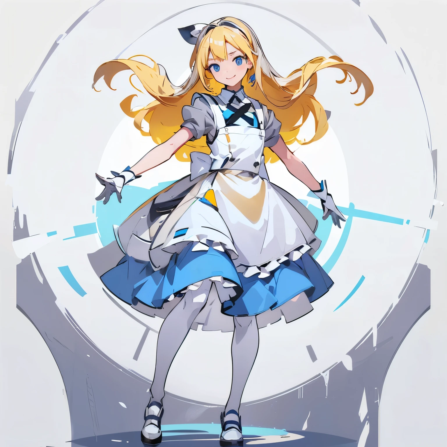 【Highest Quality, masutepiece】  [(1girl:1.5), expressioness, (blonde hair:1.5), long hair,Blue dress, (blue eyes:1.3), white legwear, apron, hairband ribbon, slender beauty, short stature ,shoes, short sleeves, saucer, black footwear, Upper body] (Gray white background:1.7), smile