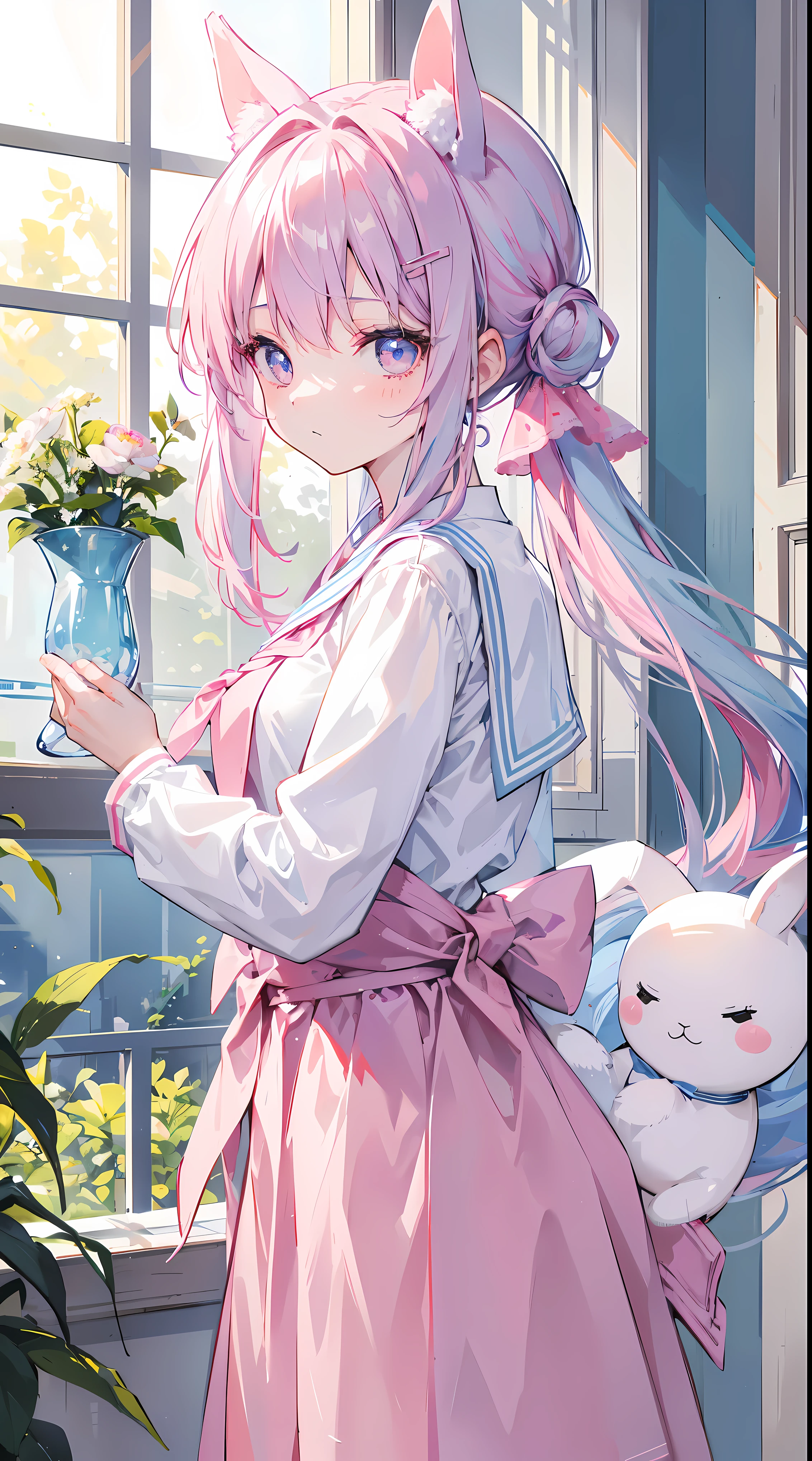light blue long hair,,Pale pink eyes,Hair tied to chest,Two pink hair ribbons,Tie your hair to your waist,Often wears sailor uniform,and a girl wearing pink plush slippers,issuance,The hair is a little upturned,Holding a little white rabbit doll in my arms,The uniform is a bit big,sitted,Side view,k hd,There is a vase on the table,a flower in a vase,There is a window behind the sunshine