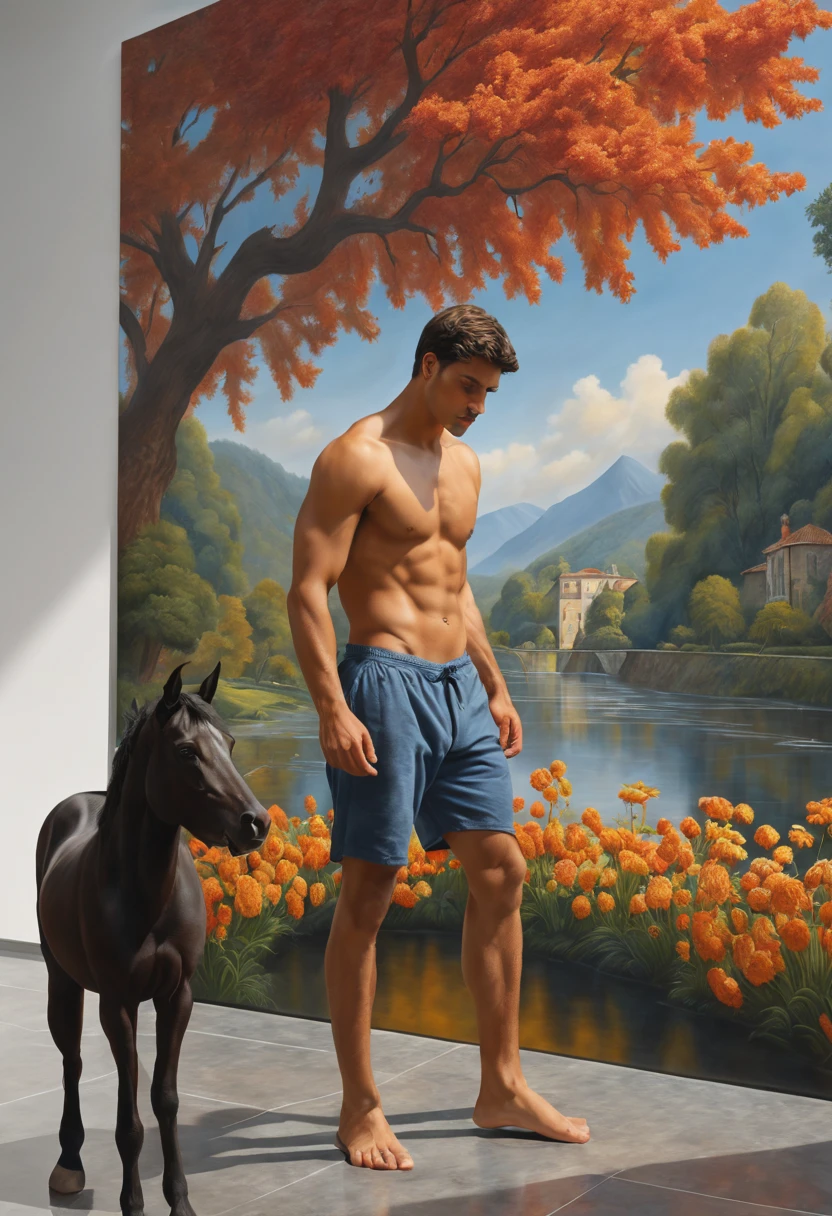 photorealistic, perfect compositicion, simetryc lay out, in a museum, a young man, gorgeous, latino, handsome, standing, tall, barefoot, pantless, detailed realistic muscles, simetryc body is watching a master piece large oil painting by peter paul rubbens with a train a mansion, black horse, dogs, river a moutain and red, yellow, orange, blue, white, flowers,, ultra-detailed, ultra realisitic, intricate details