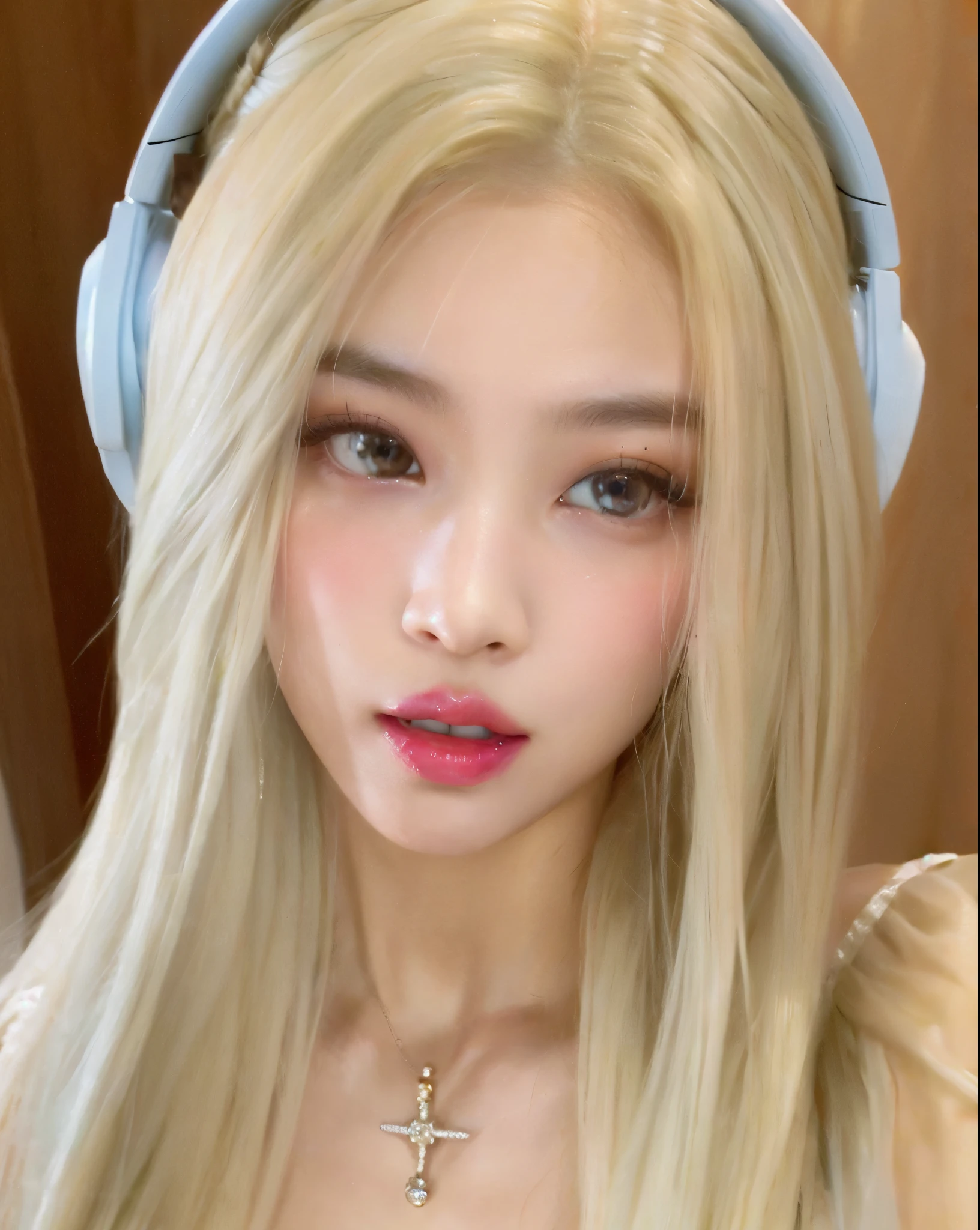 menina loira com fones de ouvido e colar cruzado posando para uma foto, maquiagem sul-coreana popular, Ulzzang, wan adorable korean face, linda Delphine, Parque Roseanne do Blackpink, menina coreana, Sakimichan, maquiagem coreana popular, Modelo IG | Artgerm, ava max, Sha Xi, pale milky white porcelain skin, pale round face, e-menina