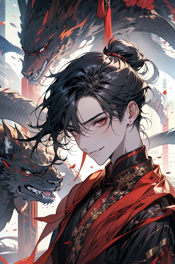interesting smile，A handsome man with long black hair and ponytail，There are some muscles，Chinese costume，black red