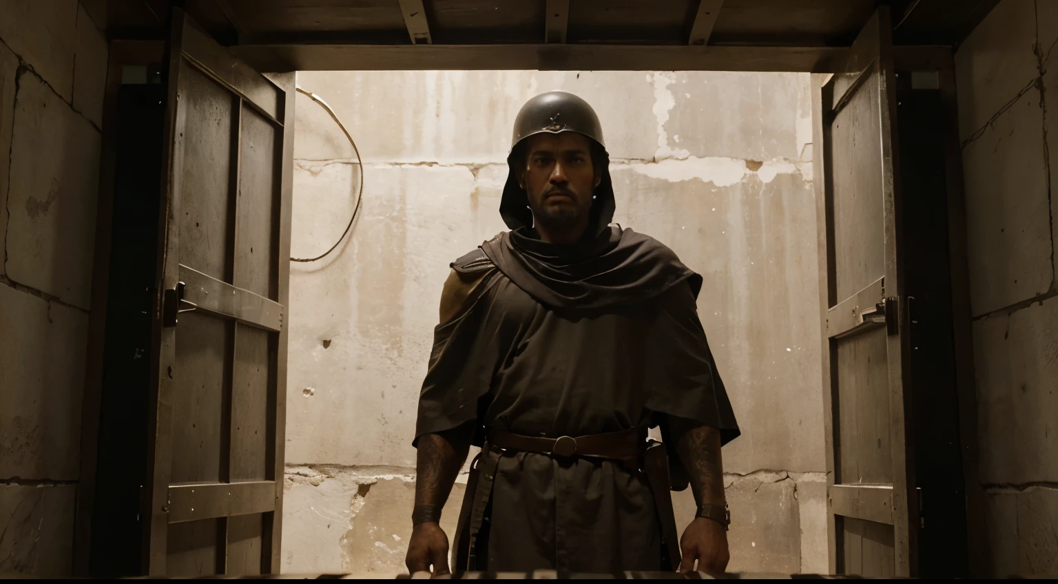 If you are imagining a depiction of the apostle Paul preaching while bound in chains with soldiers nearby, consider the historical context and conditions in which he was often portrayed in his moments of imprisonment.

Paul was frequently imprisoned and many of his epistles (cartas) were written while he was in prison. Here is a representation of this scenario:

Dressed in the aforementioned Roman tunic and toga, Paulo is portrayed inside a dark and austere cell, perhaps sitting on a bench or in some space provided in the prison. Correntes pesadas e grossas envolvem seus pulsos, with iron links extending to attach to the wall or nearby fixed structure, demonstrating their state of imprisonment and limited movement.

Ao seu redor, soldados romanos, identifiable by their distinctive armor and helmets, Are on guard. They may be close to Paulo, ensuring its custody and security, as was common at that time for prisoners of importance.

Enquanto prega ou escreve, Paulo maintains a resilient and confident posture, apesar das correntes que o prendem. Ele pode estar segurando um pergaminho ou uma tabuleta para escrever suas cartas inspiradoras e profundas, like the well-known letters to the Ephesians, Filipenses, Colossenses e Filemon.

His speech is delivered with fervor and conviction, dirigido aos soldados, guards or visitors who may be present in the prison, oferecendo palavras de encorajamento, exhortation and instruction based on Christian faith.

This representation emphasizes Paul&#39;s inner strength, their determination to share the Gospel message, even in challenging circumstances and while physically restricted and under the surveillance of Roman authorities.