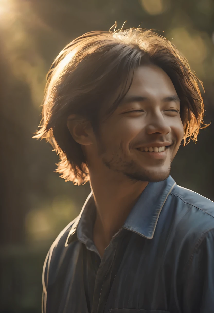rays of sunshine,With his eyes closed,Look up，tilt your face,(closed eyes smile),Side profile,The light from the back window is backlighted