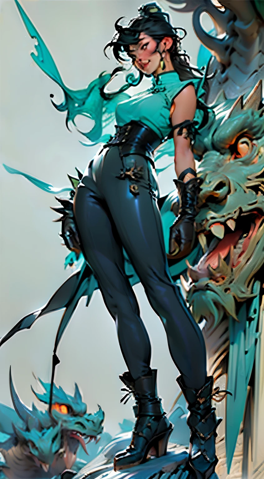 01_Green wooden dragon. Chinese style. Sculpture. A wooden sculpture, next to a cool girl in a leather corset, long dark hair, high black leather jackboots, black gloves on her hands, and metal spikes on her shoulders. Rock star, super beauty against the background of a sculpture made of wood, a green dragon - in the Chinese style., 02_ Highly detailed textures, the highest quality (Girl with white skin, in black boots with spikes and a corset (cool-sexy). Side lighting, warm light, cold shadows. Chiaroscuro, contrasting shapes, volume, and depth of the image. Slight blur in the background Dust squeaks underfoot, an old wooden sculpture, and soft lighting., 03_Highest quality, cinematic rendering. The epic setting, Chinese-style sculpture, and one character - a girl. Contrast lighting, warm light, soft - deep cold shadows. Ocher, seppia, cold lateral reflex. (Dark leather, metal, and several colors decorate the composition). The highest 3D rendering, cinema, animation, masterpiece. Unrea, black hair, french braid, crossed bangs, long hair, ponytail, smile, open mouth, Surrealism, Color Field painting, chiaroscuro, depth of field, cinematic lighting, drop shadow, UHD, retina, masterpiece, anatomically correct, textured skin, super detail, high details, high quality, award winning, highres, 16k