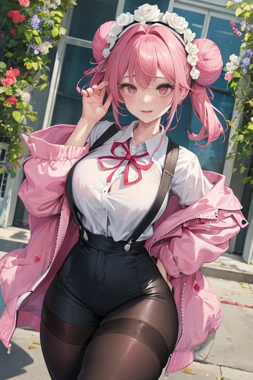 tmasterpiece、Need、1 female student、White cloth bun bun bun、Shoulder leakage、The chest is large、chubbiness、ssmile、Black suspender tights、lace leggings、pale pink lip、posing at school,legs are open, 独奏,Denim dress looking at the viewer, (Thigh thick:1.0),Yazawa Nico,red eyes, face flushed,Blunt hair,both hands on hip,greet,Flower headdress,Large scissors