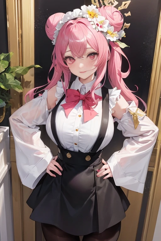 tmasterpiece、Need、1 female student、White cloth bun bun bun、Shoulder leakage、The chest is large、chubbiness、ssmile、Black suspender tights、lace leggings、pale pink lip、posing at school,legs are open, 独奏,Denim dress looking at the viewer, (Thigh thick:1.0),Yazawa Nico,red eyes, face flushed,Blunt hair,both hands on hip,greet,Flower headdress,Large scissors