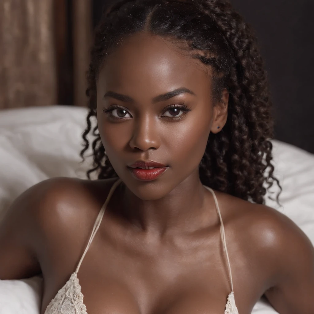 ((Dark African skin, Very deep ebony skin)), ((Its beauty is undeniable)), ((Excited cute face)), ((Hyper detailed perfect eyes,)), ((Language output)), ((Seductive)), sexy, ((sexy shibari, bondage, tied up with rope)), ((daddy’s girl)), ((Afro ponytail with long African curly hair, lipstick, mascara)), ((skin)), ((shibari)), ((instagram photo)), ((full body, view from above)), ((touching her belly in a sexy pose)), ((bed)), Sharp Focus CGI, photorealistic, High detail, Realistic, Masterpiece, absurd, Best quality, Hdr, High quality, high-definition, Extremely detailed, 8k wallpaper, Intricate details, 8K UHD, Full-HD, (photo realist:1.2), contrast, intense illumination, lighting cinematic, natural lighting, Illumination globale, open mouth, African women, Female sexy