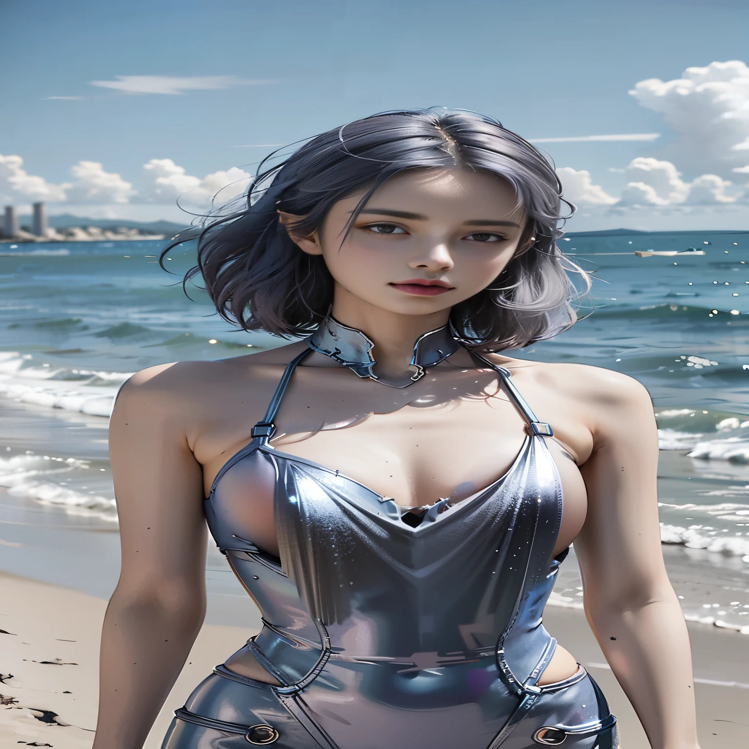 (((Masterpiece))), top quality, super detailed, blush, cute and playful, huge, leather jacket, silver hair, fluffy hairstyle, elastic breasts, heart-blowing eyes, sweet look, belly button, dynamic and cute pose.