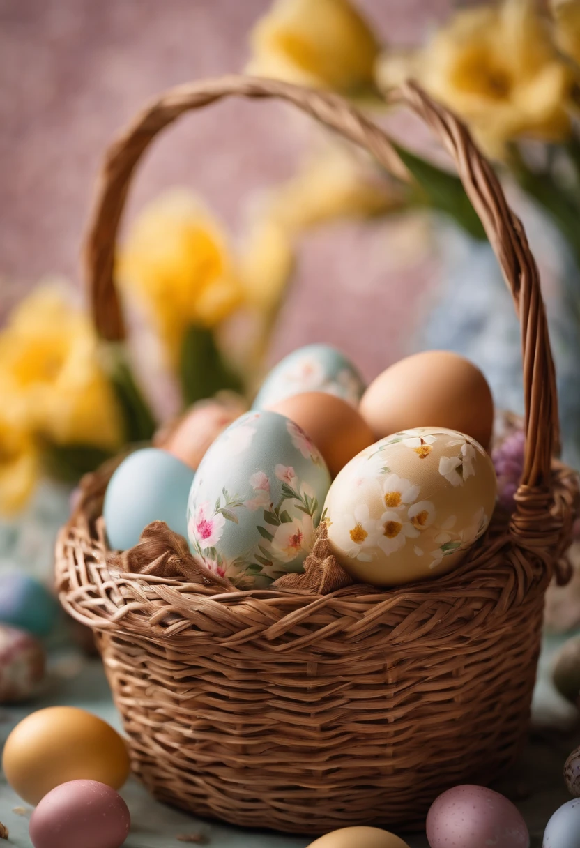 a still life shot of a wicker basket filled with hand-painted Easter eggs, with hot wax patterns adorning each egg, against a backdrop of pastel-colored spring flowers, creating a harmonious and festive scene