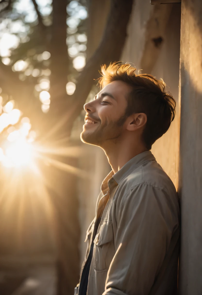 rays of sunshine,With his eyes closed,Look up,tilt your face,(closed eyes smile),Side profile,The light from the back window is backlighted