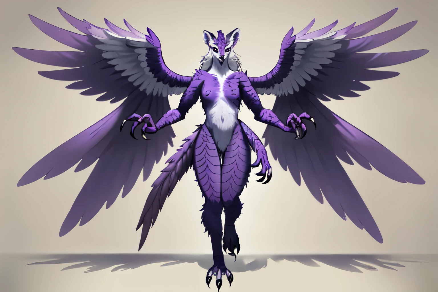 Bright purple soft scales all over the body,Bipedal single claw,Head like an eagle,long back wings,with its soft fur,Strong,non-upright walking,Warcraft