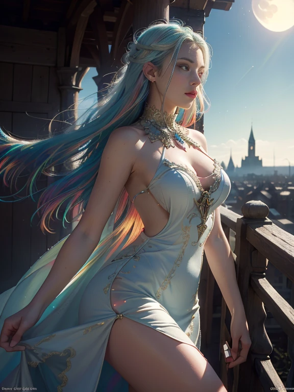 RAW, masterpiece, ultra thin photo, best quality, ultra high resolution, photorealistic, sunlight, full body portrait, incredibly beautiful, dynamic poses, delicate face, vibrant eyes, (side view), she is using a long medieval dress, (multicolored dress:1.5), multicolored eyes, light blue hair, medieval city background, highly detailed abandoned, detailed face, detailed and complex busy background, gorgeous, milky white, Highly detailed skin, realistic skin details, visible pores, sharp focus, volumetric mist, moonlight night, 8k UHD, DSLR camera, high quality, film grain, fair skin, photorealism, lomography, expanding metropolis in medieval dystopia, view from below, translucent