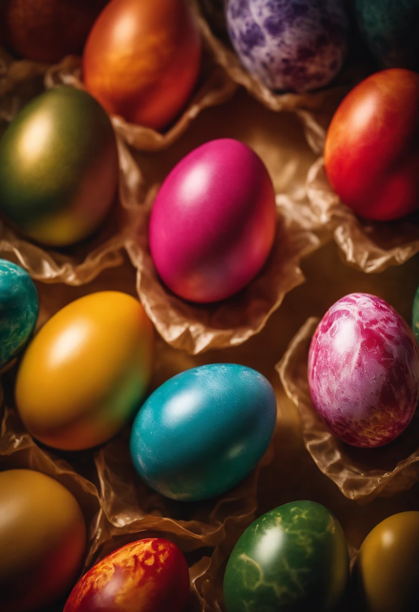 a dynamic shot of an Easter egg being dipped into vibrant colored dyes, with the hot wax design acting as a resist, creating a stunning contrast between the colors and the untouched wax patterns