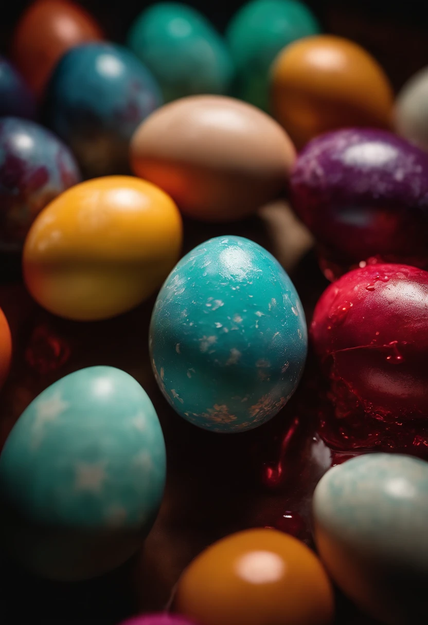 a dynamic shot of an Easter egg being dipped into vibrant colored dyes, with the hot wax design acting as a resist, creating a stunning contrast between the colors and the untouched wax patterns