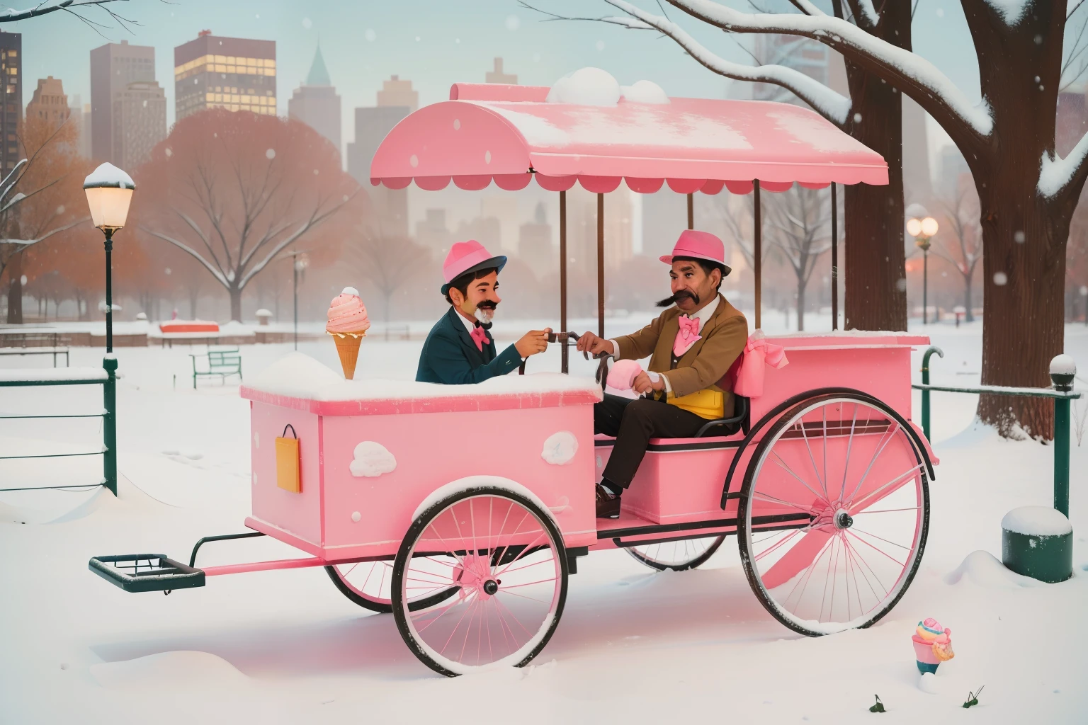 February 2023. Ice Cream Vendor in Central Park, New York, USA.
Description: A middle-aged ice cream vendor with a handlebar mustache and a vibrant pink bow tie serves a scoop to a delighted child. The snowy park setting and quirky cart create a Wes Anderson-esque winter treat scene.