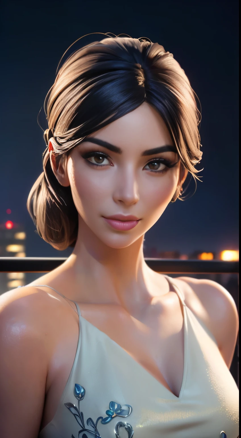 photo of Kim Kardashian, RAW, beautiful woman, ((portrait)), ((detailed face:1.2)), ((detailed facial feature, detailed skin, clear skin), (perfect proportioned body), (wearing a colorful dress) (high detailed city environment, apartment balcony), (realistic photo, best quality, detailed), (8k wallpaper), (cinematic lighting, dramatic lighting) (sharp focus, intricate)