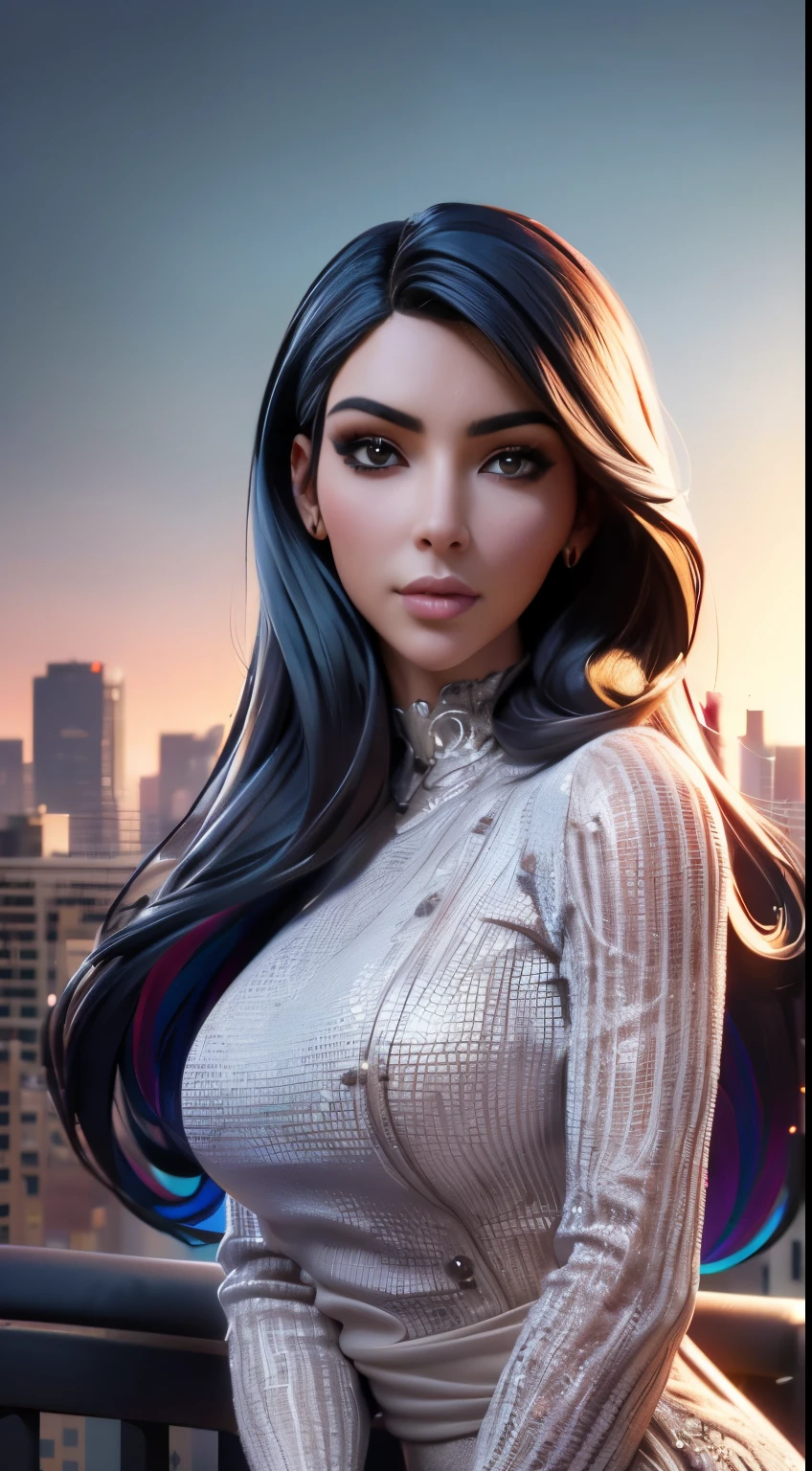 photo of Kim Kardashian, RAW, beautiful woman, ((portrait)), ((detailed face:1.2)), ((detailed facial feature, detailed skin, clear skin), (perfect proportioned body), (wearing a colorful dress) (high detailed city environment, apartment balcony), (realistic photo, best quality, detailed), (8k wallpaper), (cinematic lighting, dramatic lighting) (sharp focus, intricate)