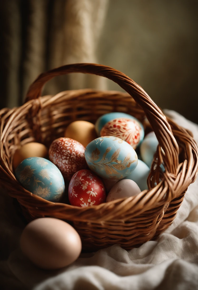 a serene shot of a wicker basket filled with decorated Easter eggs, with the hot wax patterns creating a visually captivating and textured background, against a backdrop of soft, diffused lighting, evoking a sense of tranquility and anticipation for the holiday celebration