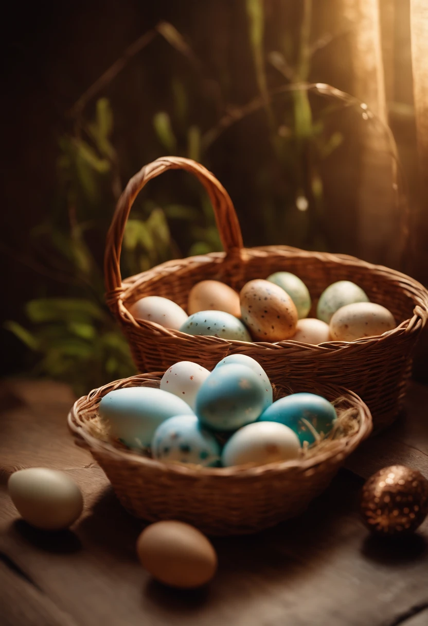 a serene shot of a wicker basket filled with decorated Easter eggs, with the hot wax patterns creating a visually captivating and textured background, against a backdrop of soft, diffused lighting, evoking a sense of tranquility and anticipation for the holiday celebration