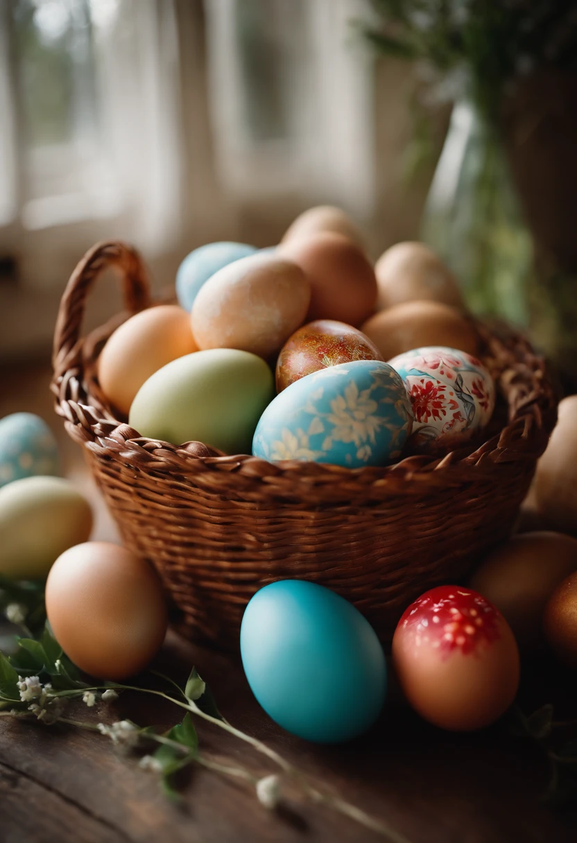 a serene shot of a wicker basket filled with decorated Easter eggs, with the hot wax patterns creating a visually captivating and textured background, against a backdrop of soft, diffused lighting, evoking a sense of tranquility and anticipation for the holiday celebration