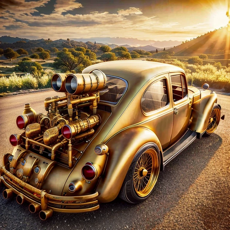 a close-up of a golden car with a bunch of pipes on the hood, carro steampunk, Steampunk dourado, besouro-inspired, besouro, tuning, steampunk stag besouro, Altamente detalhado Hyper Real Retro, Oilpunk, hyper detailed 3d render, hyper detailed 3d render, inseto steampunk, Steampunc, classic car, photobashing, Motores dourados, Steam-punk