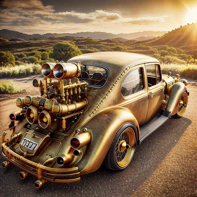 a close-up of a golden car with a bunch of pipes on the hood, carro steampunk, Steampunk dourado, besouro-inspired, besouro, tuning, steampunk stag besouro, Altamente detalhado Hyper Real Retro, Oilpunk, hyper detailed 3d render, hyper detailed 3d render, inseto steampunk, Steampunc, classic car, photobashing, Motores dourados, Steam-punk