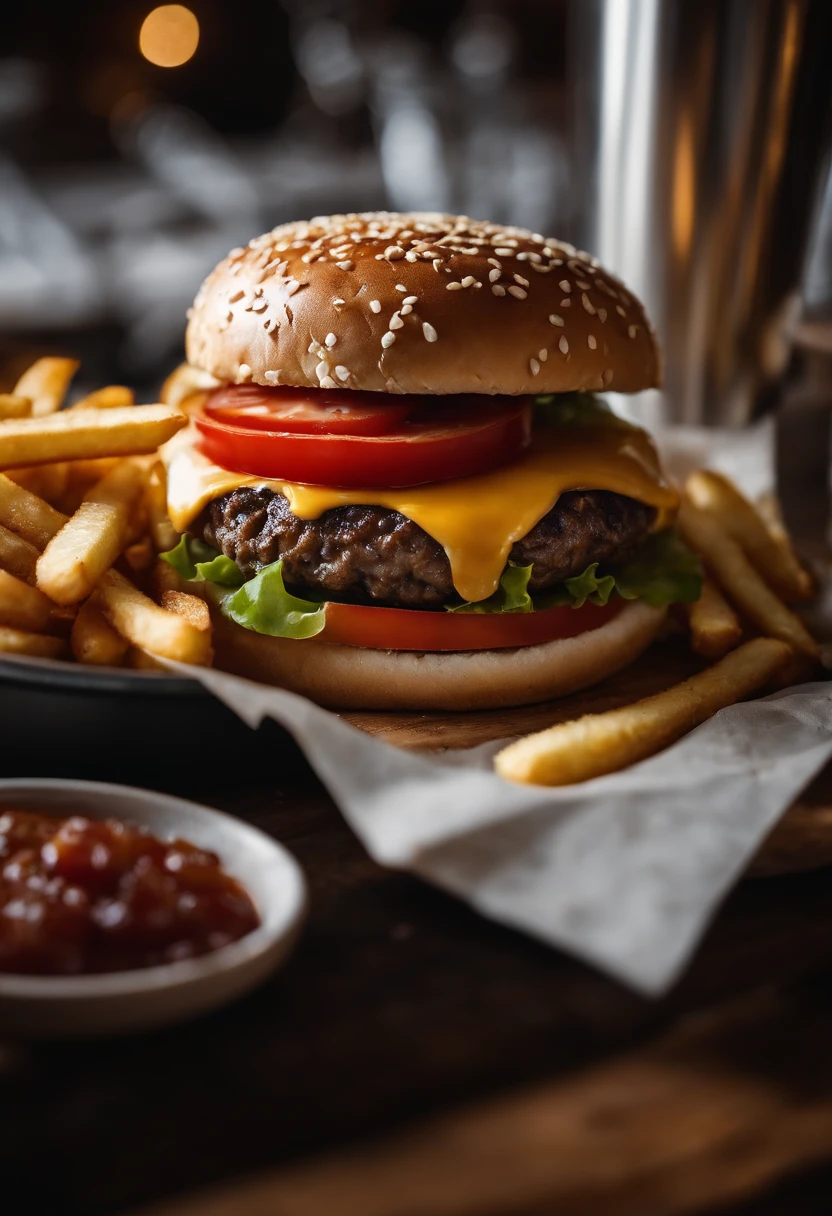 a top-down shot of a cheeseburger on a rustic wooden table, with sesame seeds sprinkled on the bun and a side of crispy golden fries, creating a classic American diner aesthetic