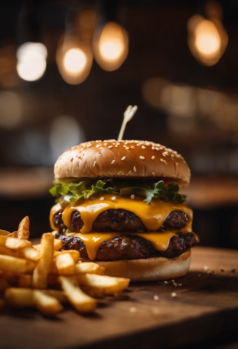 a top-down shot of a cheeseburger on a rustic wooden table, with sesame seeds sprinkled on the bun and a side of crispy golden fries, creating a classic American diner aesthetic