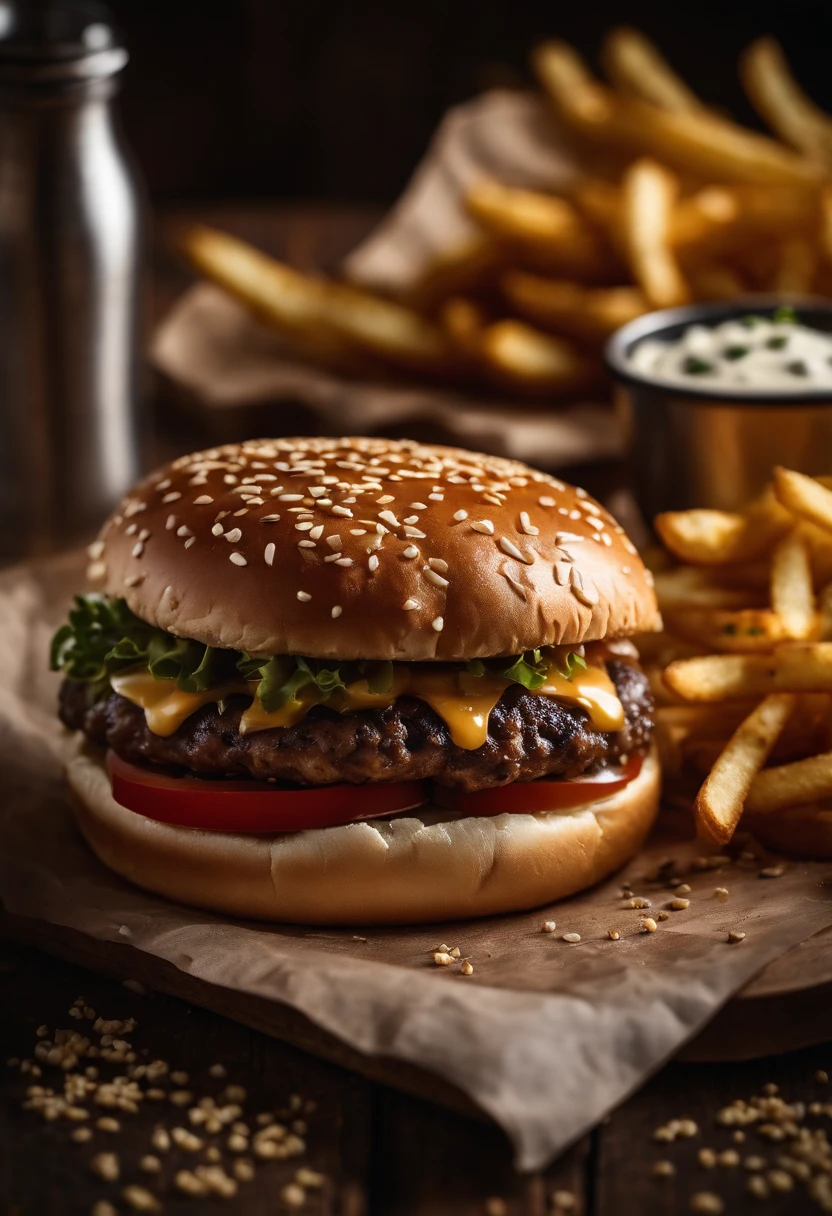 a top-down shot of a cheeseburger on a rustic wooden table, with sesame seeds sprinkled on the bun and a side of crispy golden fries, creating a classic American diner aesthetic