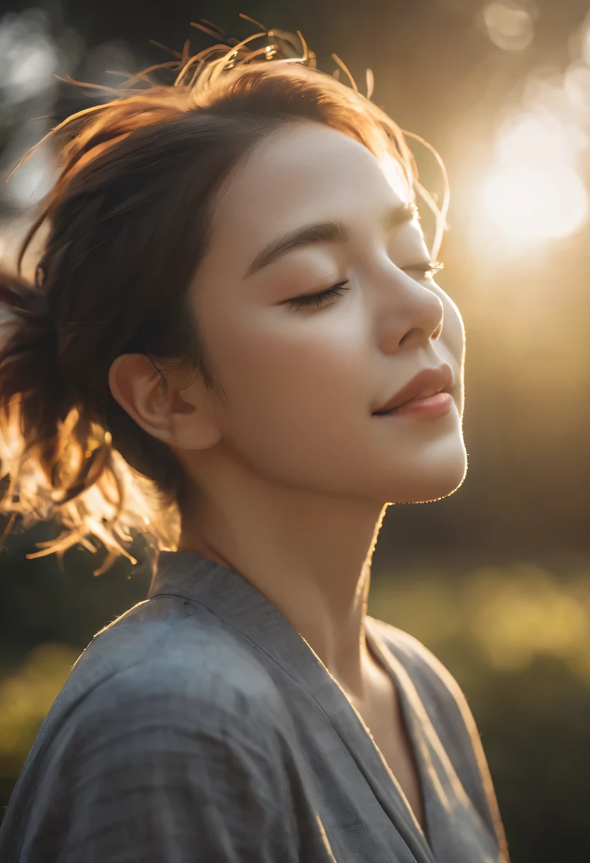 rays of sunshine,With his eyes closed,Look up，tilt your face,(closed eyes smile),Side profile,The light from the back window is backlighted