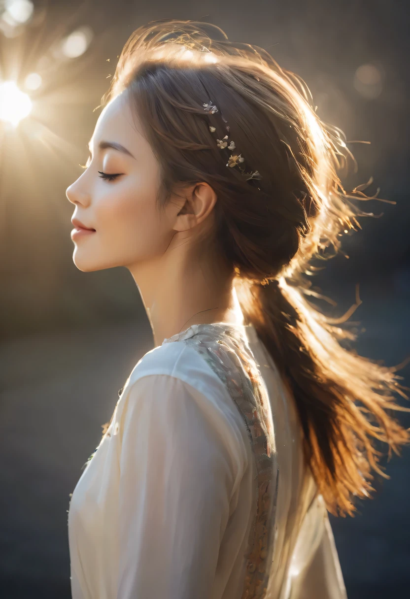 rays of sunshine,With his eyes closed,Look up，tilt your face,(closed eyes smile),Side profile,The light from the back window is backlighted