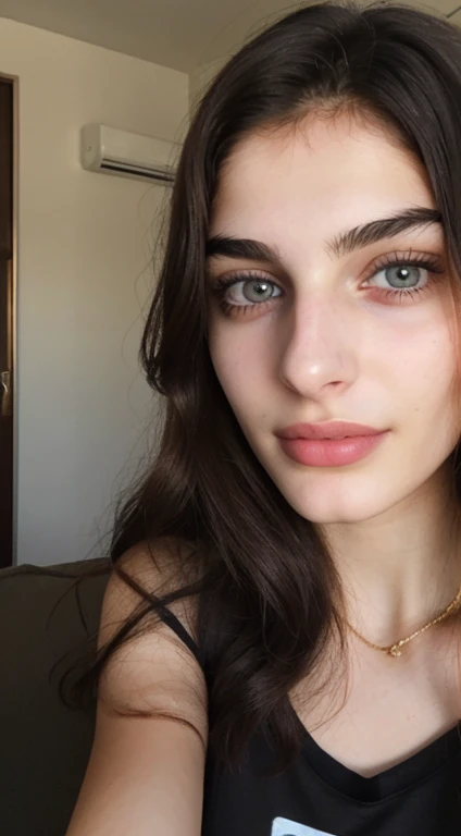 ((Front facing camera selfie)), 18 yo girl named Zahra Amiri, Iranian, ((straight nose)), (prominent nose bridge), (female face golden ratios), long dense dark brown hair, (pale skin:1.25), hazel eyes, thin eyebrows, high cheekbones, beautiful plump lips, big natural breasts, wearing black tshirt, apartment background, smirk