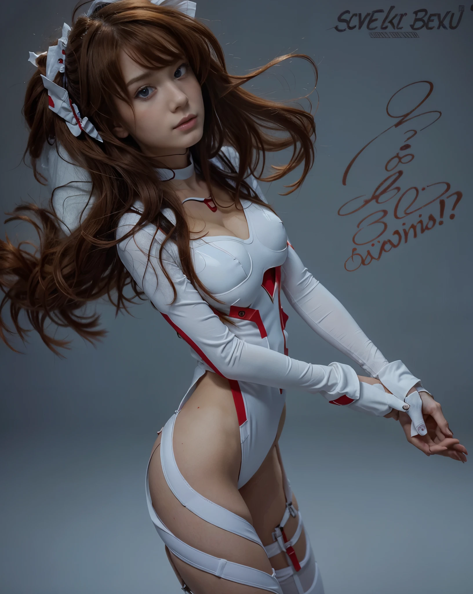 (best quality), high resolution, Asuka Langley Soryu, Beautiful Pretty Mixed German Babe, ((Beautiful face)), sexy busty body, Gingers Twin tails headband long Hair, intense gaze, dark blue detailed beautiful eyes, combine realism and anime influence, white plugsuit, white background studio