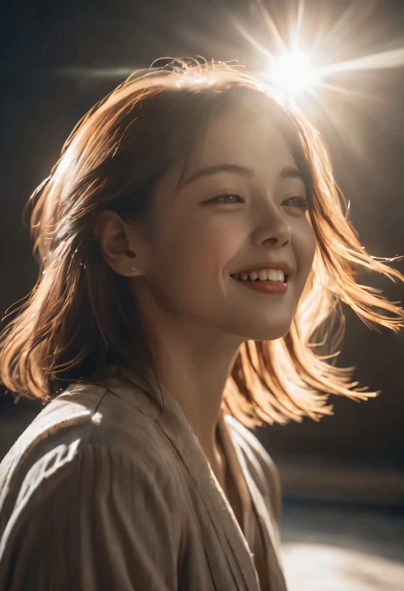 rays of sunshine,With his eyes closed,Look up，tilt your face,(closed eyes smile),Side profile,against circle，professional photoshooting