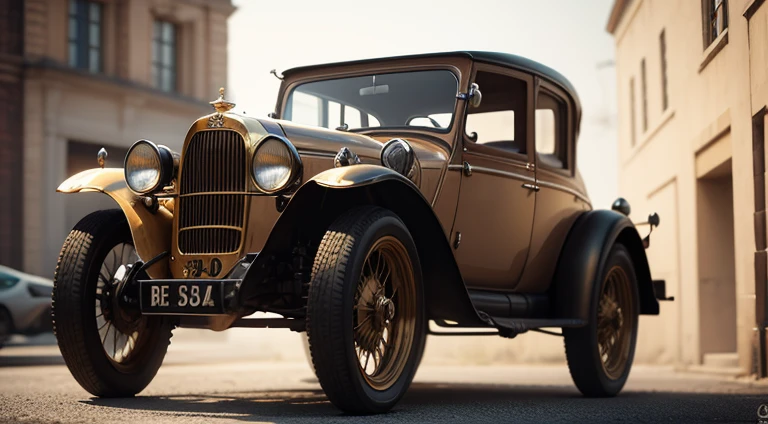 a close-up of a golden car with a bunch of pipes on the hood, carro steampunk, Steampunk dourado, besouro-inspired, besouro, tuning, steampunk stag besouro, Altamente detalhado Hyper Real Retro, Oilpunk, hyper detailed 3d render, hyper detailed 3d render, inseto steampunk, Steampunc, classic car, photobashing, Motores dourados, Steam-punk