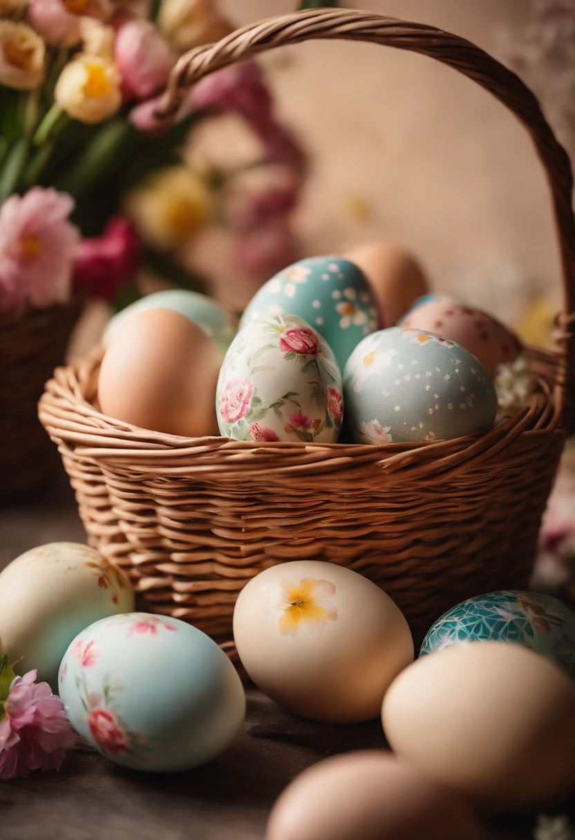a still life shot of a wicker basket filled with hand-painted Easter eggs, with hot wax patterns adorning each egg, against a backdrop of pastel-colored spring flowers, creating a harmonious and festive scene
