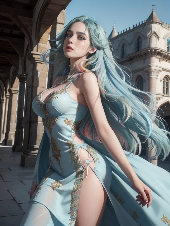 RAW, masterpiece, ultra thin photo, best quality, ultra high resolution, photorealistic, sunlight, full body portrait, incredibly beautiful, dynamic poses, delicate face, vibrant eyes, (side view), she is using a long medieval dress, (multicolored dress:1.5), multicolored eyes, (light blue hair:1.5), medieval city background, highly detailed abandoned, detailed face, detailed and complex busy background, gorgeous, milky white,  Highly detailed skin, realistic skin details, visible pores, sharp focus, volumetric mist, moonlight night, 8k UHD, DSLR camera, high quality, film grain, fair skin, photorealism, lomography, expanding metropolis in medieval dystopia, view from below, translucent