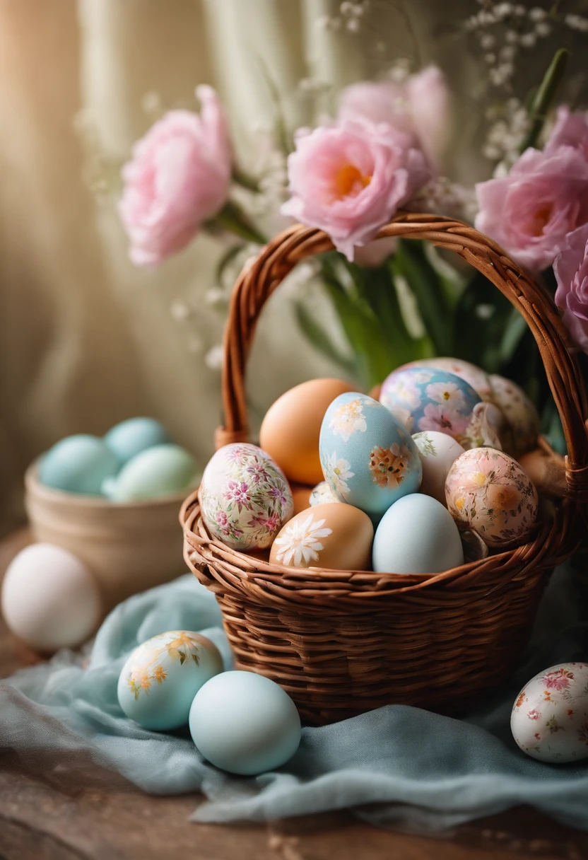 a still life shot of a wicker basket filled with hand-painted Easter eggs, with hot wax patterns adorning each egg, against a backdrop of pastel-colored spring flowers, creating a harmonious and festive scene