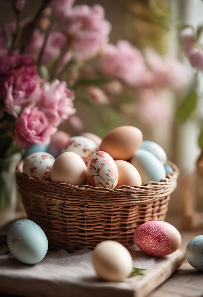 a still life shot of a wicker basket filled with hand-painted Easter eggs, with hot wax patterns adorning each egg, against a backdrop of pastel-colored spring flowers, creating a harmonious and festive scene