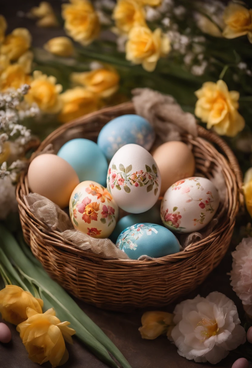 a still life shot of a wicker basket filled with hand-painted Easter eggs, with hot wax patterns adorning each egg, against a backdrop of pastel-colored spring flowers, creating a harmonious and festive scene