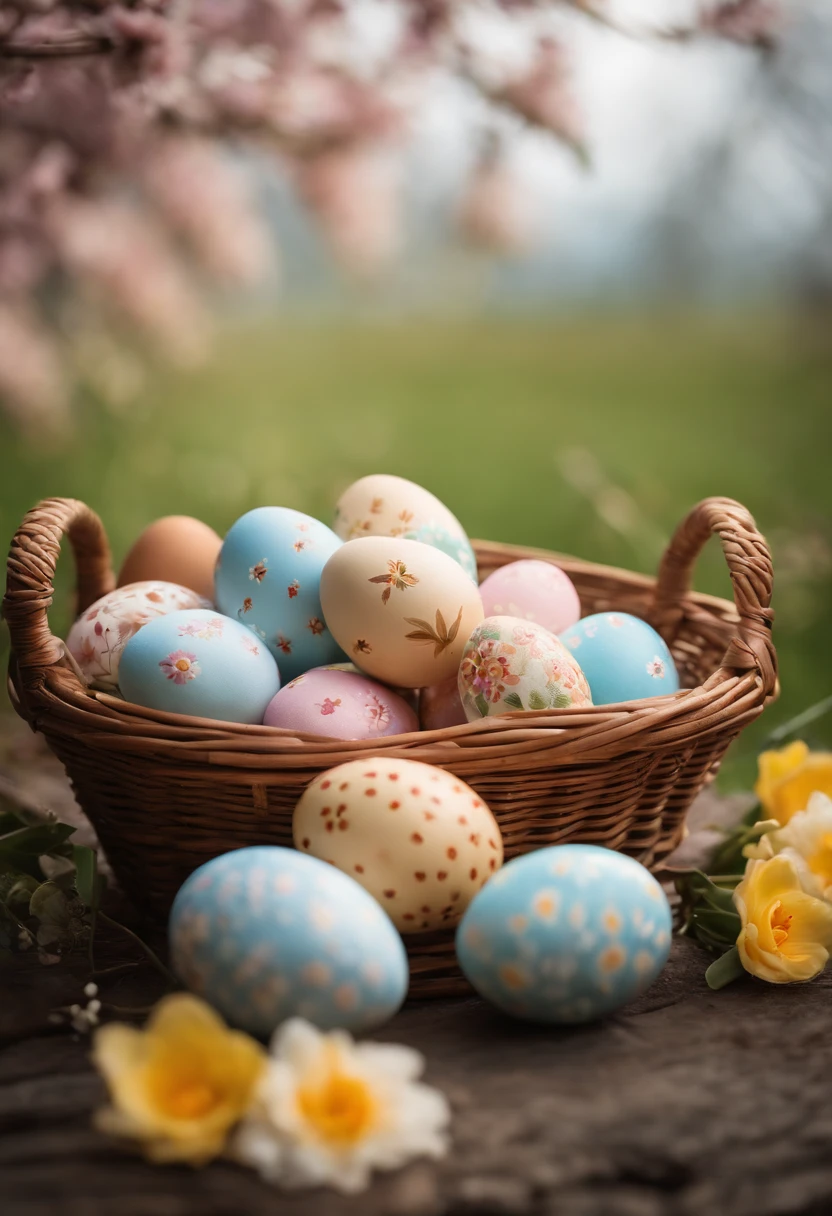 a still life shot of a wicker basket filled with hand-painted Easter eggs, with hot wax patterns adorning each egg, against a backdrop of pastel-colored spring flowers, creating a harmonious and festive scene