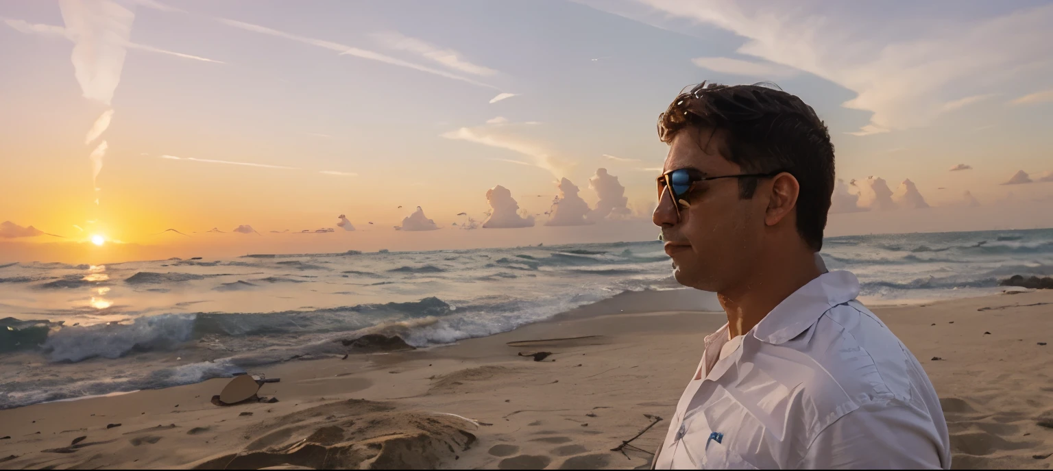 Change background with Miami beach , coconut trees , sunset , add sunglasses on character , blue sky
