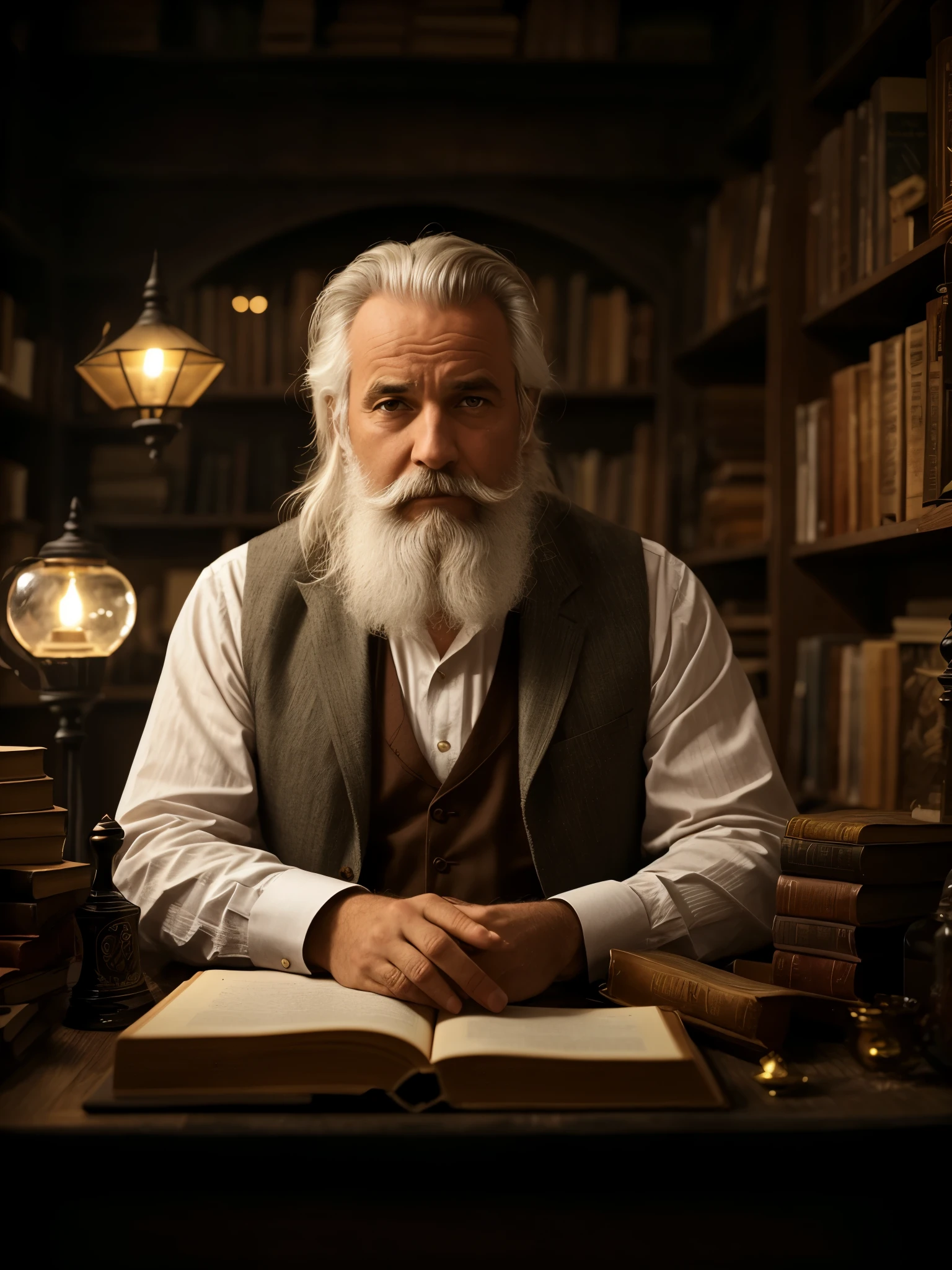 There is a man sitting at the table with a book, foto ainda, barba e cabelo brancos arrumados, long cabelos brancos e barba branca, assistente senta-se lendo em uma mesa, cabelos brancos e barba branca, Directed by: Aleksander Gierymski, longa barba branca, longos cabelos brancos e barba, barba branca completa, barba branca curta, Directed by: Edwin Georgi, homem bonito
