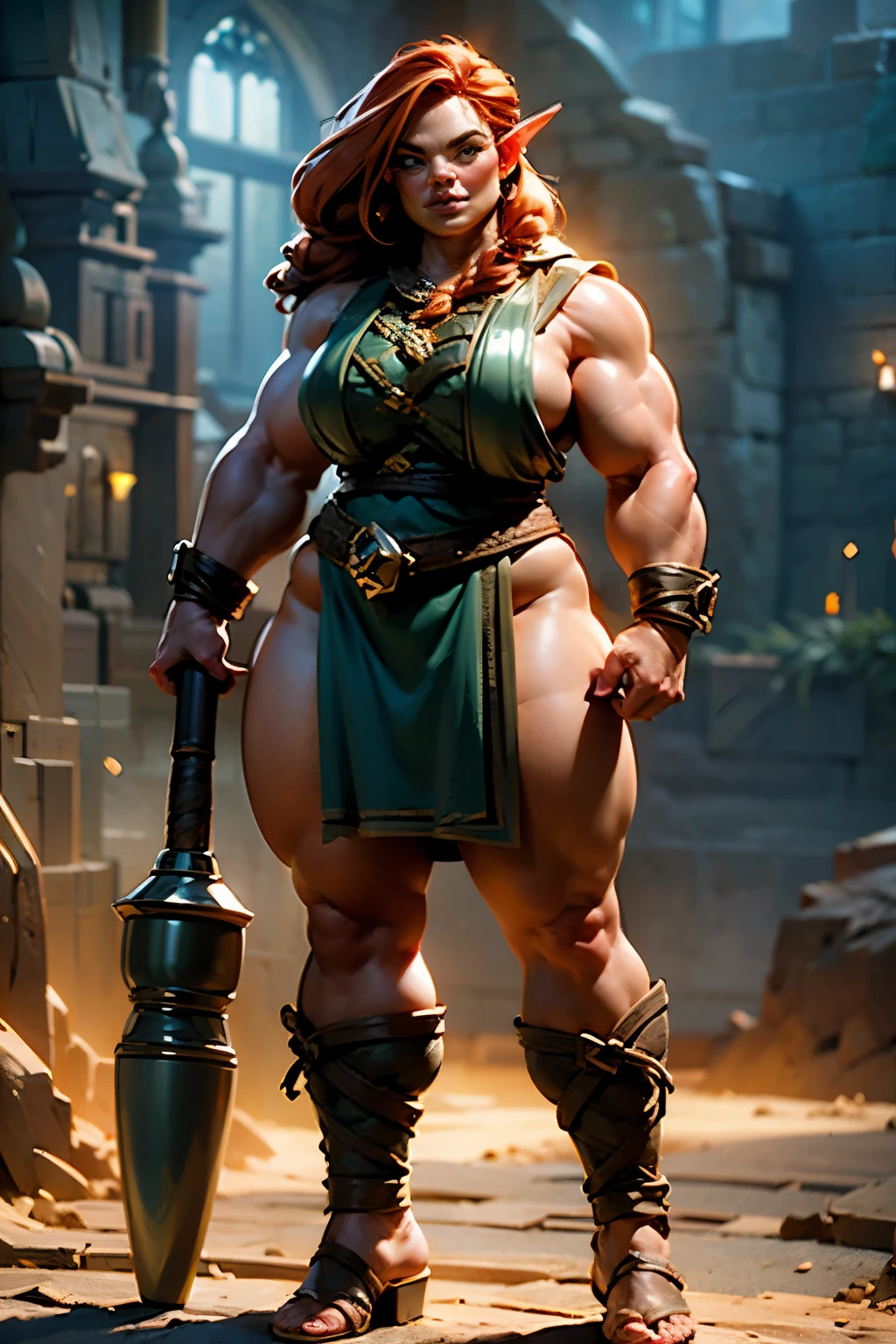masterpiece, highly-detailed, hyper realistic, full-body shot of a beautiful mature short dwarf female blacksmith holding a massive hammer, perfect face features, thick kissable parted lips, expressive glowing green eyes with seductive look, long braided ginger hair, , perfect curvy and fit body shape, small size body, short dwarf