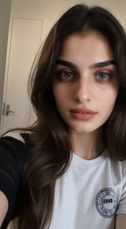 ((Front facing camera selfie)), 18 yo girl named Zahra Amiri, Iranian, ((straight nose)), (prominent nose bridge), (female face golden ratios), long dense dark brown hair, (pale skin:1.25), hazel eyes, thin eyebrows, high cheekbones, beautiful plump lips, big natural breasts, wearing black tshirt, apartment background, smirk