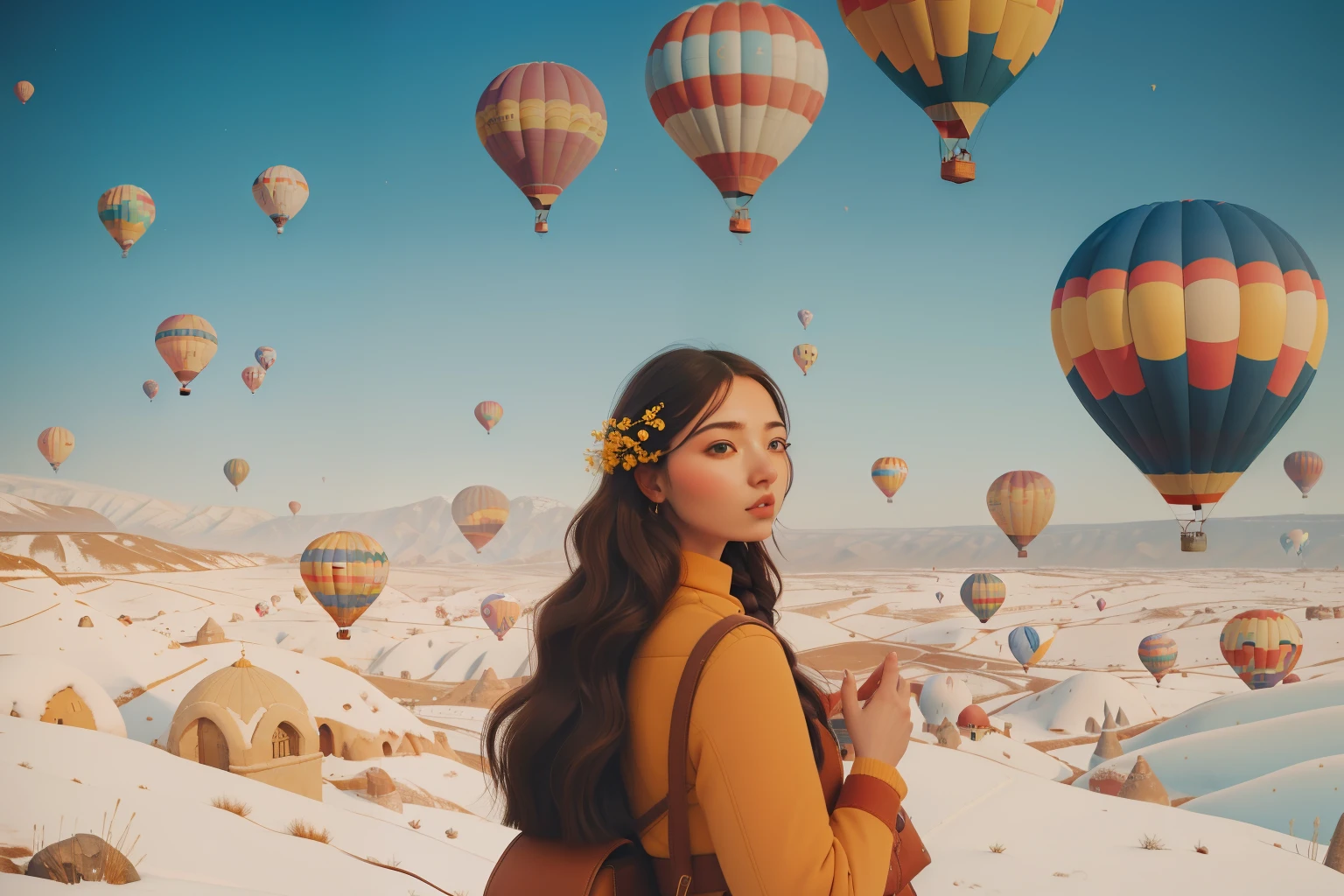 February 2023. Hot Air Balloon Enthusiast in Cappadocia, Turkey.
Description: A young woman with long braided hair releases a vividly colored hot air balloon into the February sky above the unique landscape of Cappadocia. The juxtaposition of colors against the snowy backdrop captures the Wes Anderson aesthetic.